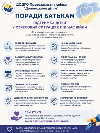 Поради батькам. Підтримка дітей у стресових ситуаціях під час війни.